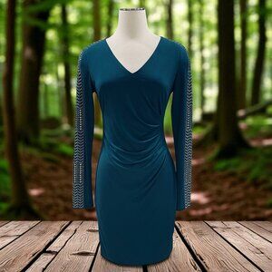 Guess Teal Bodycon Dress Long Sleeve Studded Mini Ruched Clubwear Cocktail SZ 6